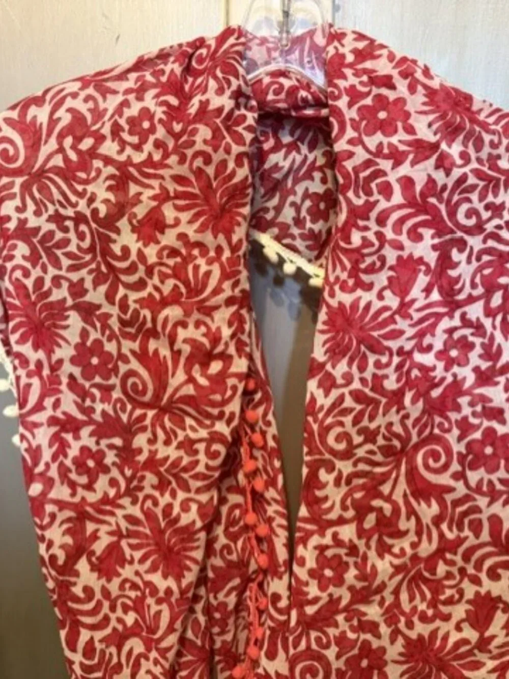Boho Red & White paisley Infinity scarf with Pom-poms